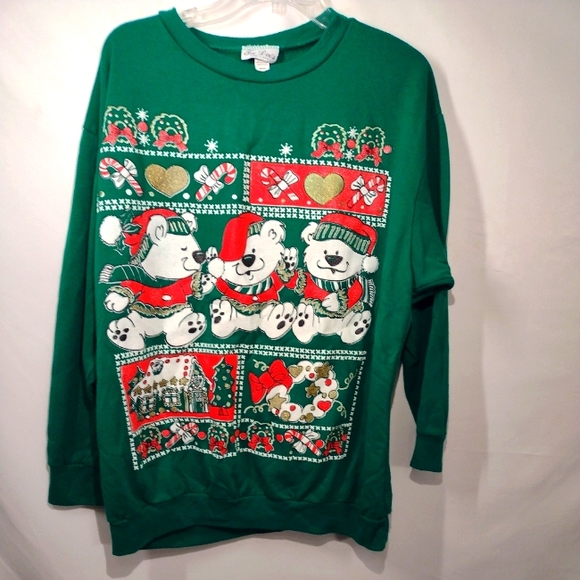 Tee Dee's - Green Holiday Christmas Bears Sweatshirt Size Med Made In USA. In pr - Picture 1 of 9